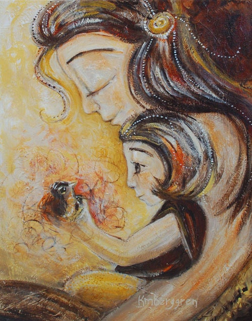 mother and daughter gold bird magic - Lit From Within - Archival 13x19 signed art print