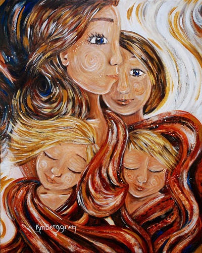 mother and child red art print family - From The Same Cloth - Archival 12x12 signed motherhood print