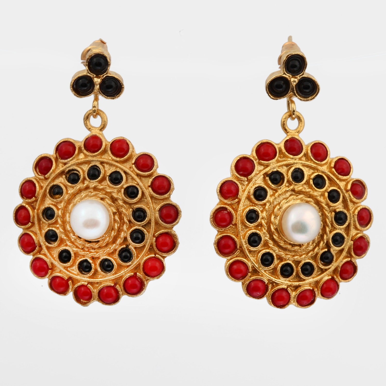 Gemstone Dots Round Disk Earrings - Coral, Black Onyx and Pearl Earrings - Gold Plated - Bohemian Earrings
