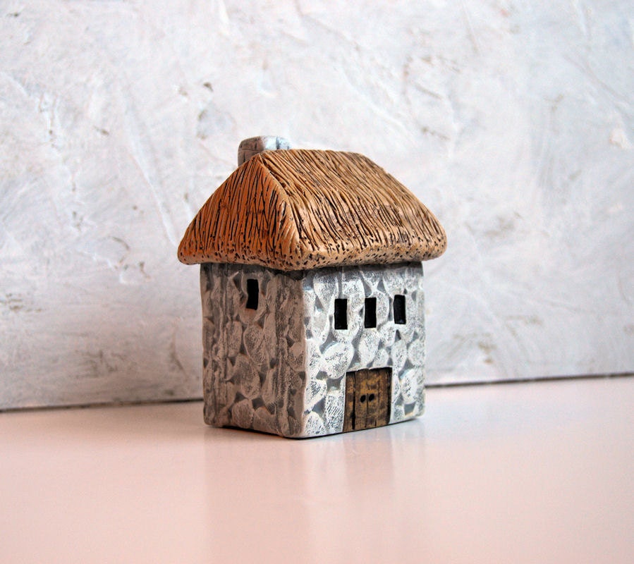 Handmade polymer clay fairy house...fairy houses...fairy gardens...Old Stone English Cottage House with thatched roof
