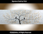 Original painting Modern Heavy Texture Impasto palette knife Tree Love Birds Wall Décor "Never Far Apart" by QIQIGALLERY