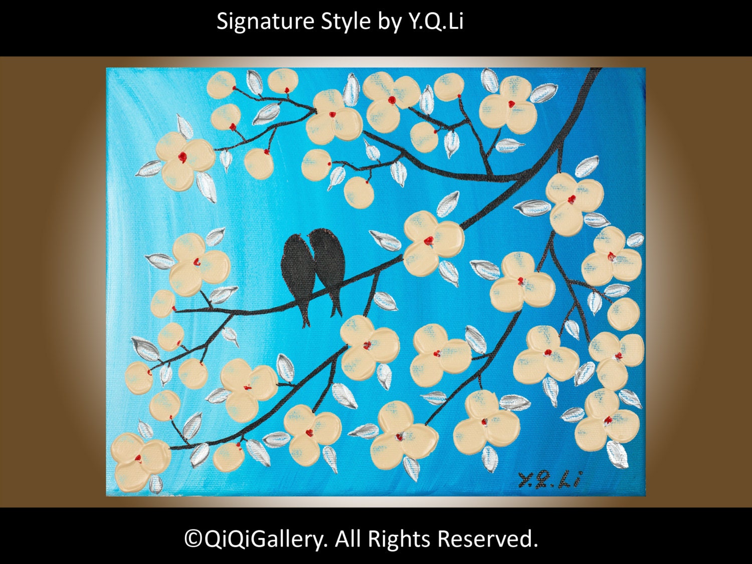 Abstract Landscape Painting Handmade Original Modern Heavy Texture Impasto Palette Knife Tree Branches Wall Décor "Love Birds in Spring"
