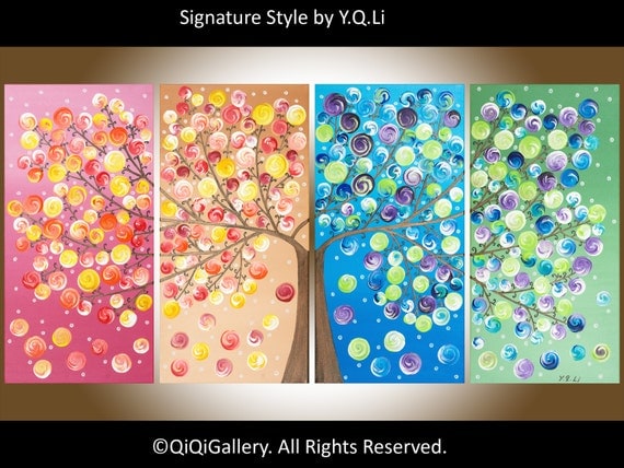 Original Art Large Painting Heavy Texture Impasto four season Tree "365 Days of Happiness" by qiqigallery