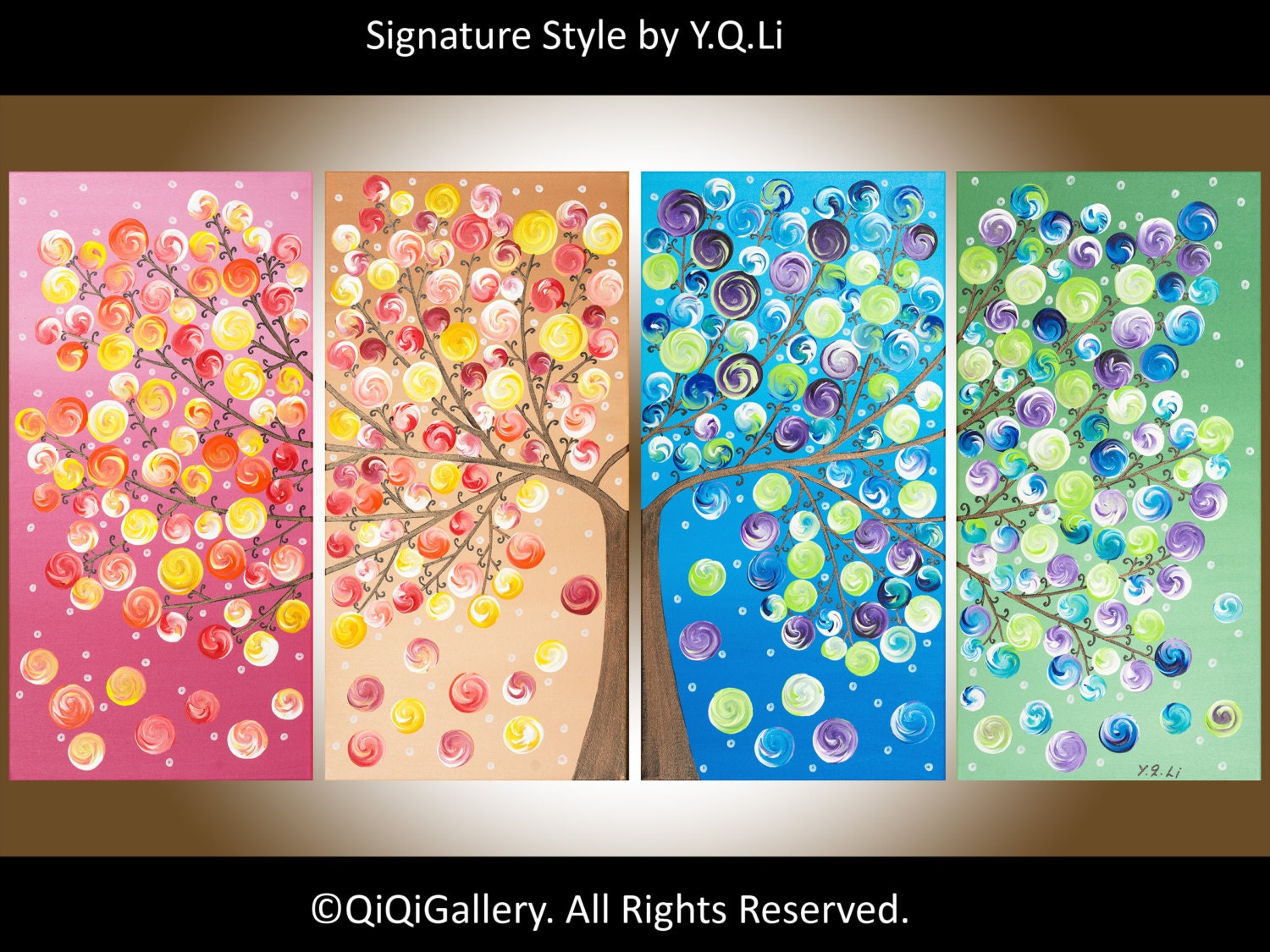 Original Art Large Painting Heavy Texture Impasto four season Tree "365 Days of Happiness" by qiqigallery