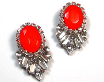 Statement earrings Neon and Swarovski crystal statement stud earrings