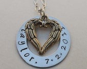 Personalized Name and Date Angel Heart- Custom Hand Stamped Necklace - S 102