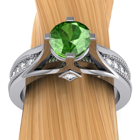 Tsavorite Garnet, Emerald Green Ring with Diamonds in Palladium