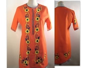 Vintage 60s Ethnic Mini Dress / Hand Embroidered Flowers / S M