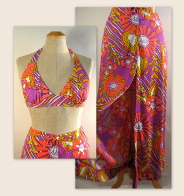 Vintage 60s Bikini Top and Skirt / Catalina / Psychedelic Flowers