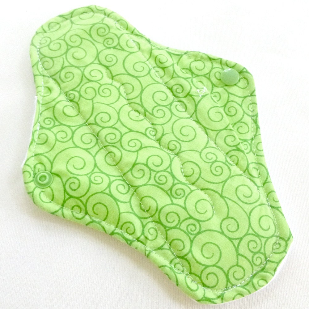Medium/REGULAR flow reusable Cloth Menstrual Pad with PUL and wings - Green Swirls - Quilter's Cotton top