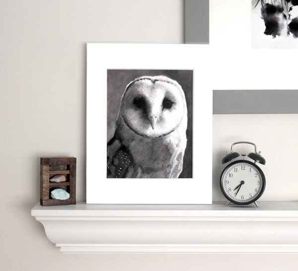 black and white owl art matted print 11" x 14" frame ready