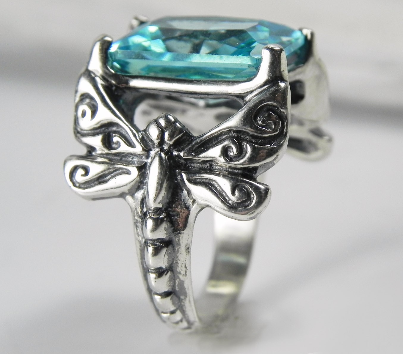 Dragonfly Ring - Aquamarine Gemstone Dragonfly Ring - Unique Dragonfly Jewelry - Silver Aqua Sky Blue Whimsical Jewelry - Vintage Inspired