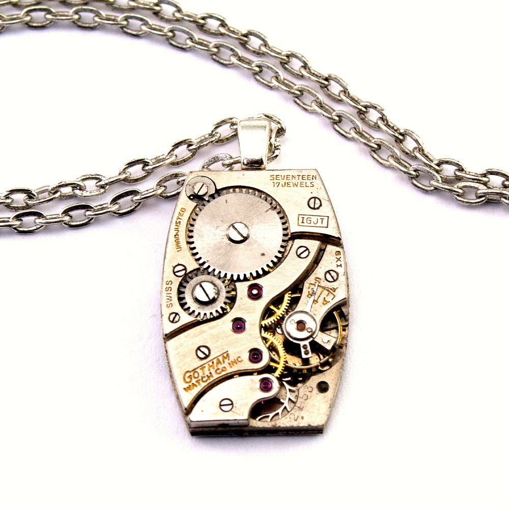 Steampunk Necklace - Vintage GOTHAM Rectangular Clockwork Design - PROMPTLY SHIPPED Steampunk Jewelry By London Particulars