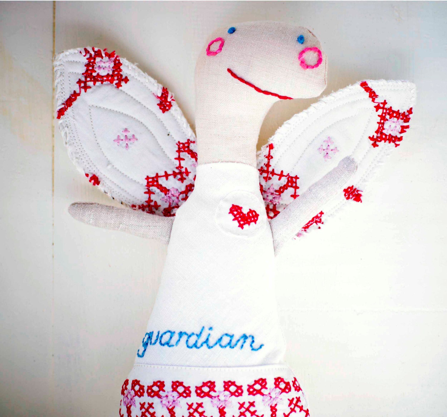 Red and white Guardian Angel with red heart and vintage quilt wings - on sale