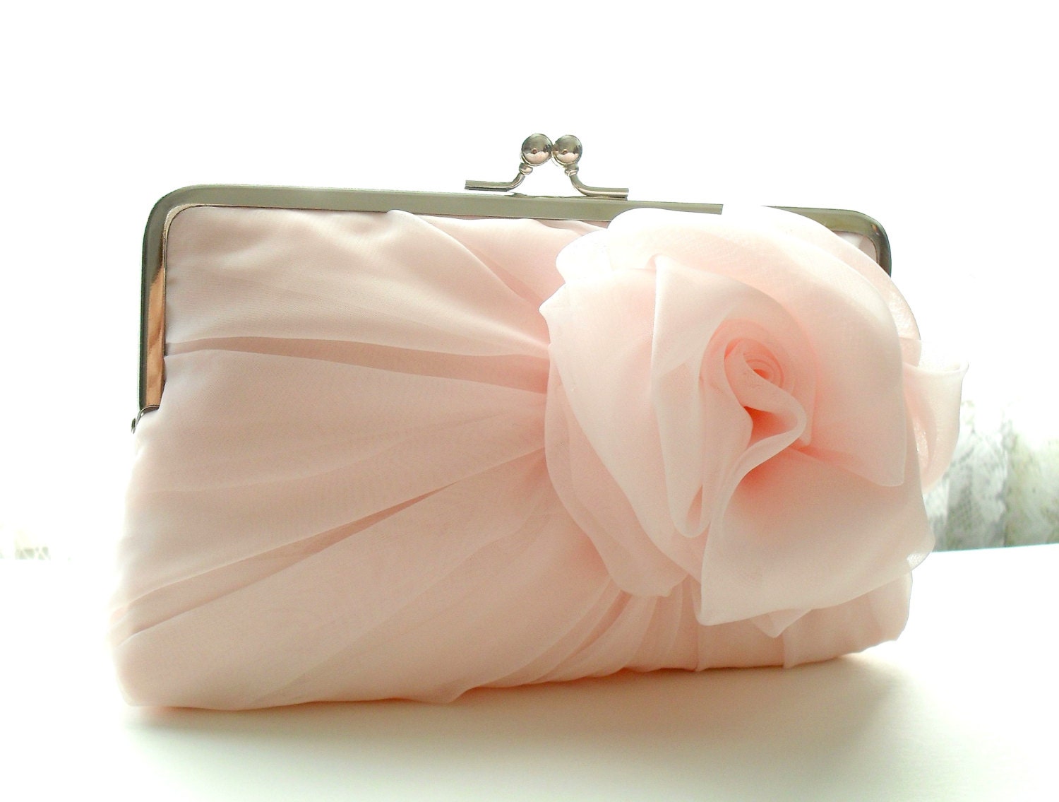 Pale Pink Chiffon Rose Clutch - Size Large - Ready To Ship