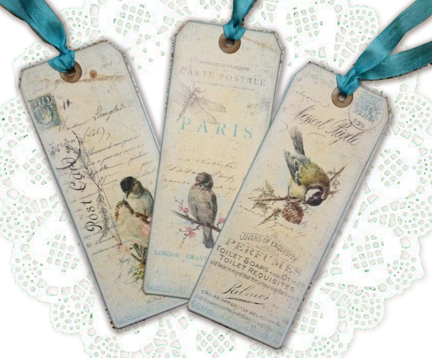 Spring Bird Bookmarks,  Paris Birds, Assorted Shabby Springtime, Pale Aqua