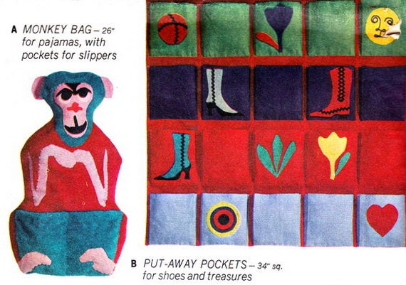 1960s McCalls 8055 Childs Room Accessories Vintage Sewing Pattern Monkey Bag Pin the Tail Game Kangaroo Laundry Bag Shoe Toy Organizer Uncut
