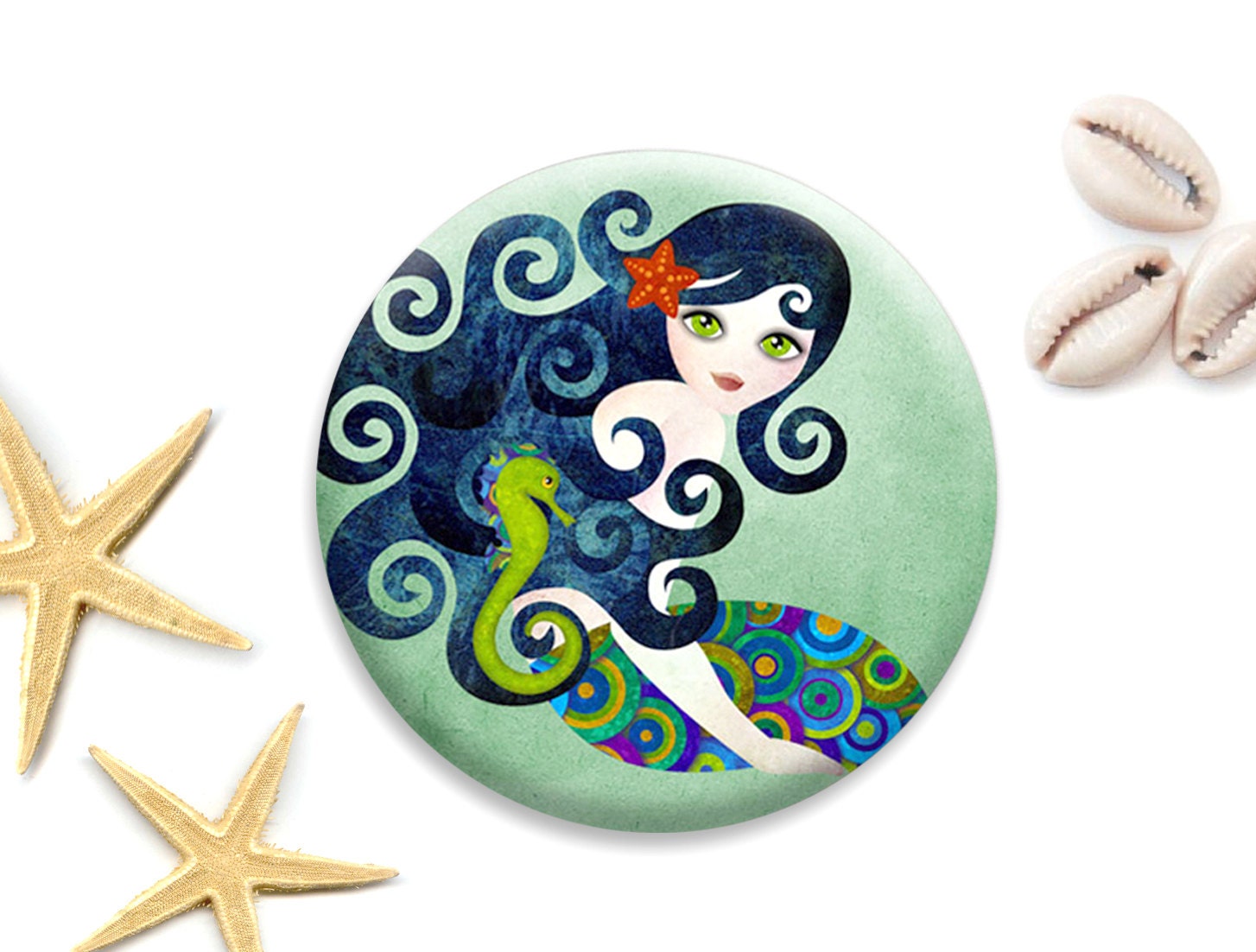 Aquamarine Mermaid Pocket Mirror - 3 inches Round