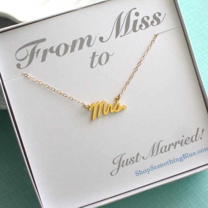 Mrs. Script Necklace, Gold fill, Cursive Mrs, Word Jewelry, New Bride, Bridal Shower Gift, Honeymoon, Sentiment Card