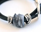 Black 5mm Leather, SRA Black and White Lampwork and Silver Metal Bracelet