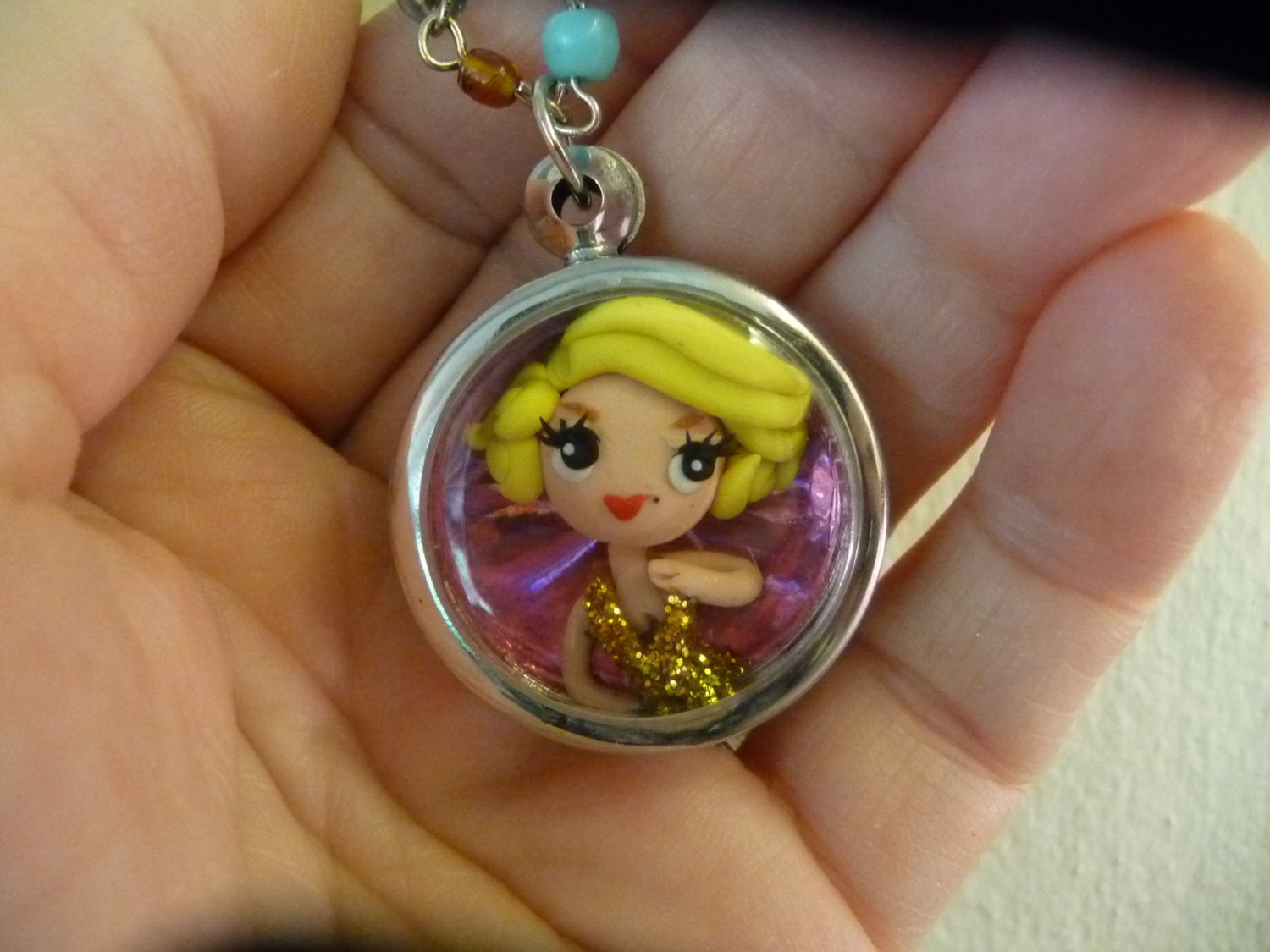 OOAK Polymer Clay Marilyn Monroe Shadowbox Art Necklace Gold Dress Torso Shot