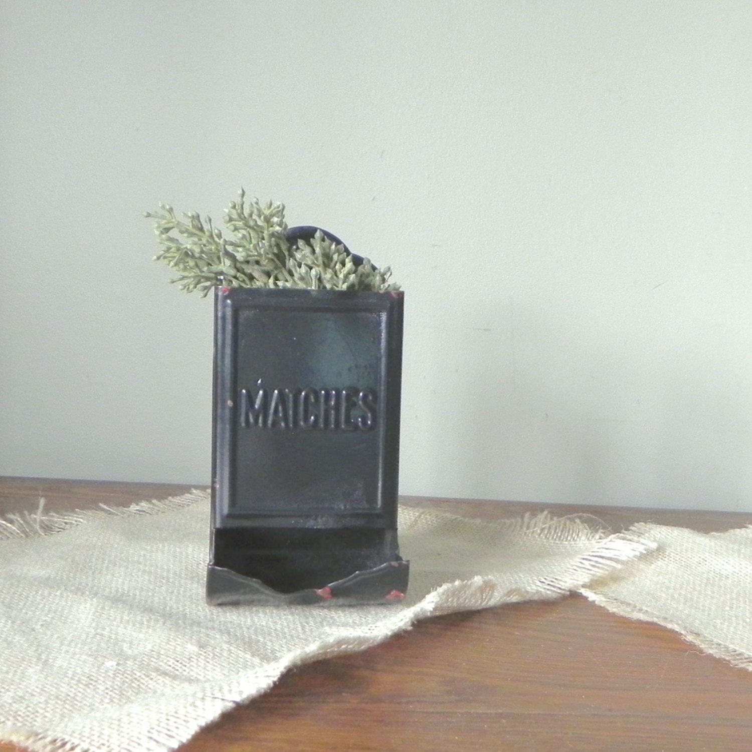 Vintage black tin metal match box use as planter pen holder