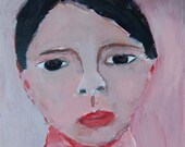 Acrylic Portrait Painting School Boy Face, Black Hair, Pink Background 6x6 canvas board
