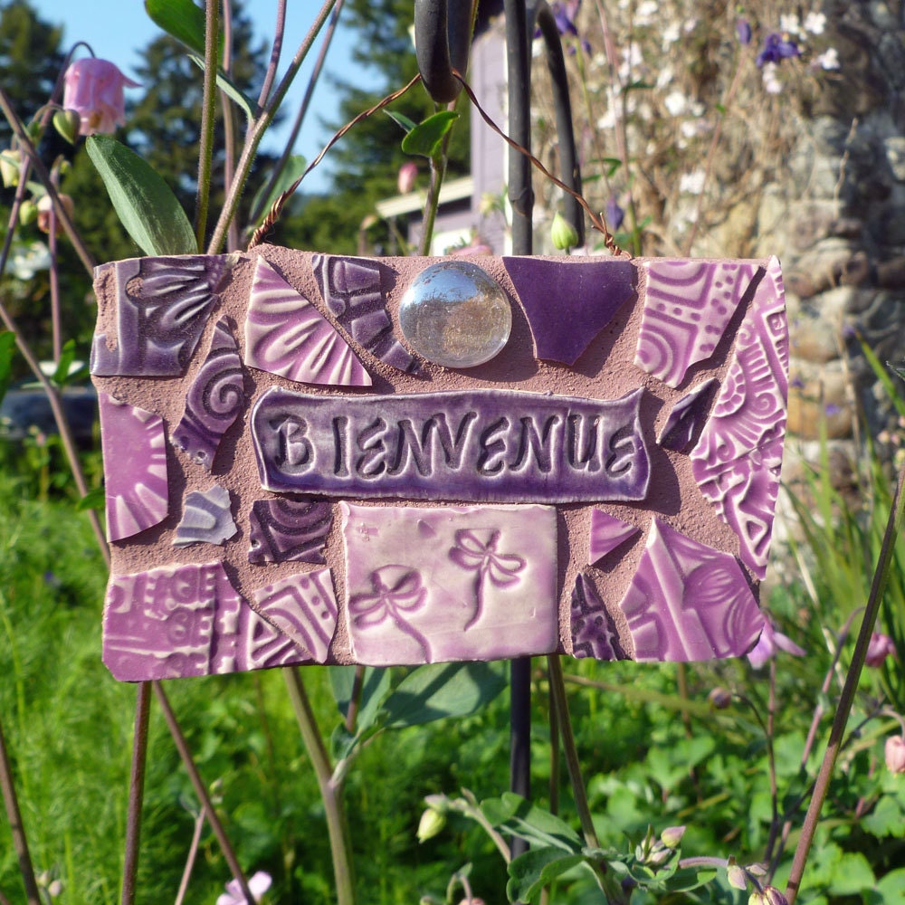 BIENVENUE Dragonfly Mosaic Welcome Sign in French