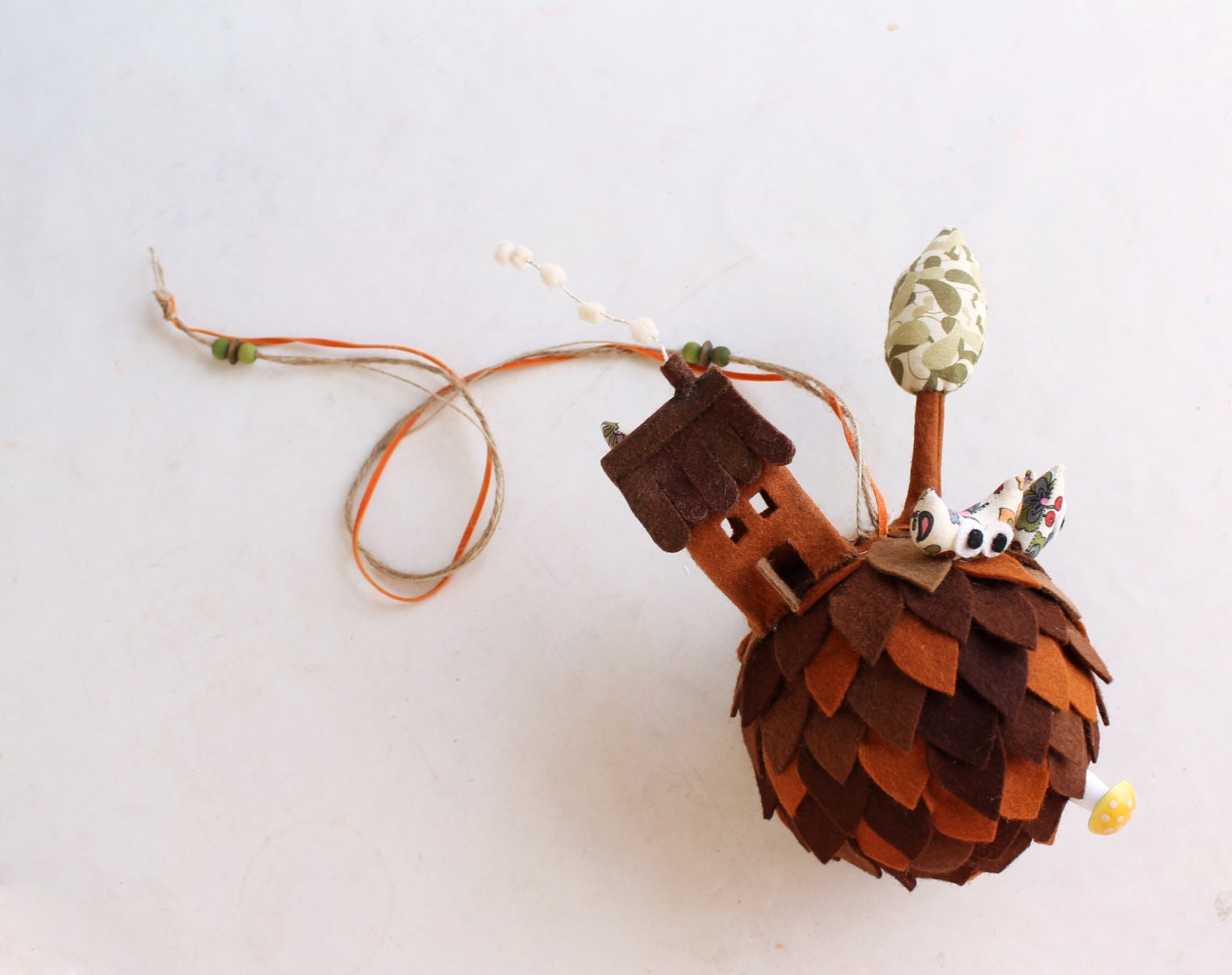 Earth Planet, owls, bird, house, tree. Mobile ornament.