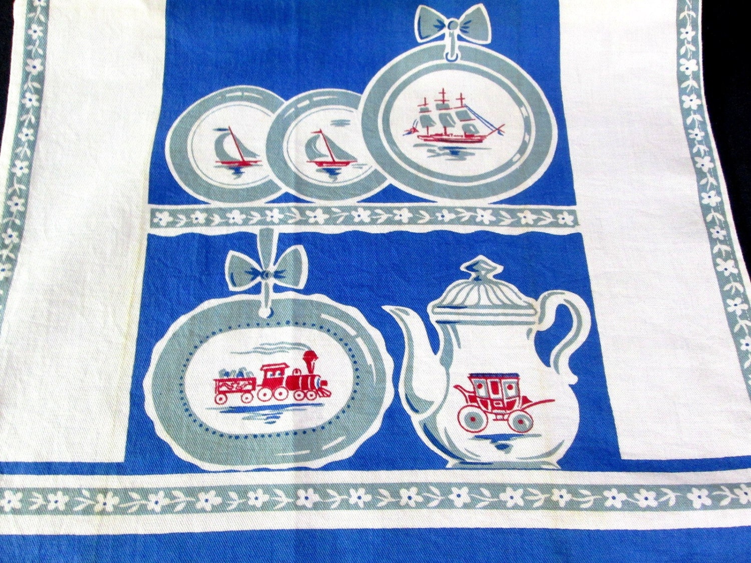 Vintage Broderie Tea Towel Coffee Pots Plates Transportation