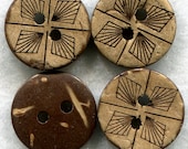 Coconut Wood Buttons Decorated Wooden Buttons 15mm (5/8 inch) Set of 4 /BT89