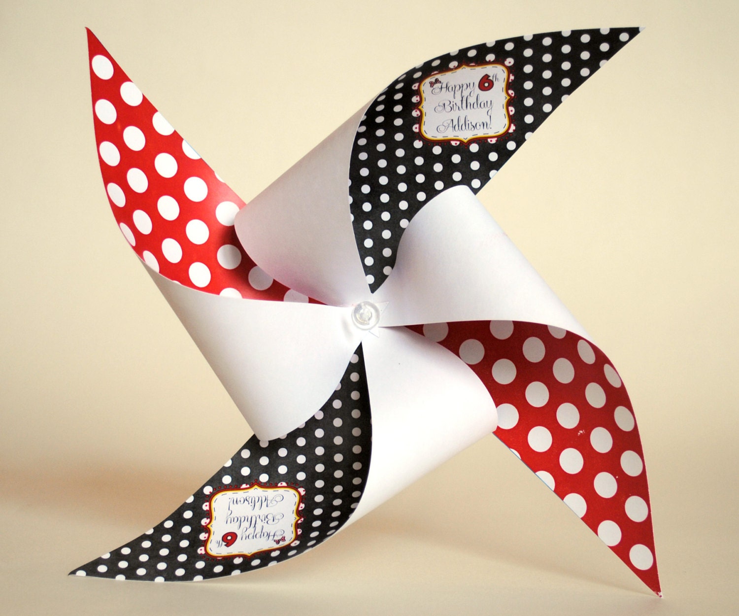 Pinwheel Inspired by Minnie Mouse - Classic Red, Black and White with Polka Dots and Minnie's Bow - Personalized and Printable