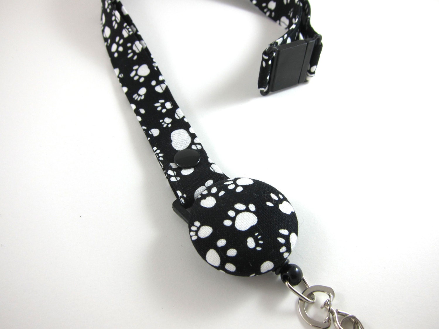Fabric Lanyard with Retractable Badge Reel - ID Badge Holder - Black and White Paw Prints