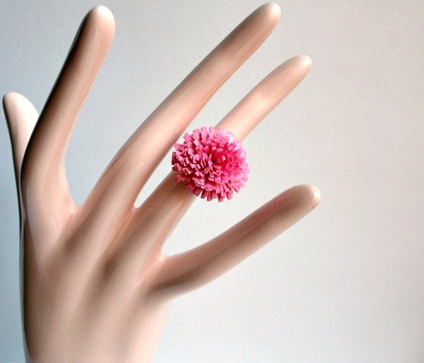 Button Mum Ring, Fringed Paper Flower, Novelty, Adjustable, includes shipping