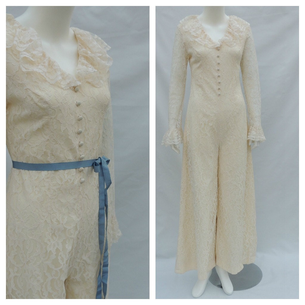 Vtg 60s 70s Ivory Lace Ruffle Wide Leg Jumpsuit sz s