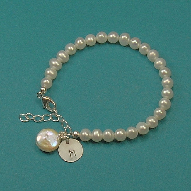 Initial Charm Flower Girl Bracelet, Pearl Bracelet, Personalized Bracelet, Child Jewelry - Freshwater Pearl Bracelet, SIZE SMALL
