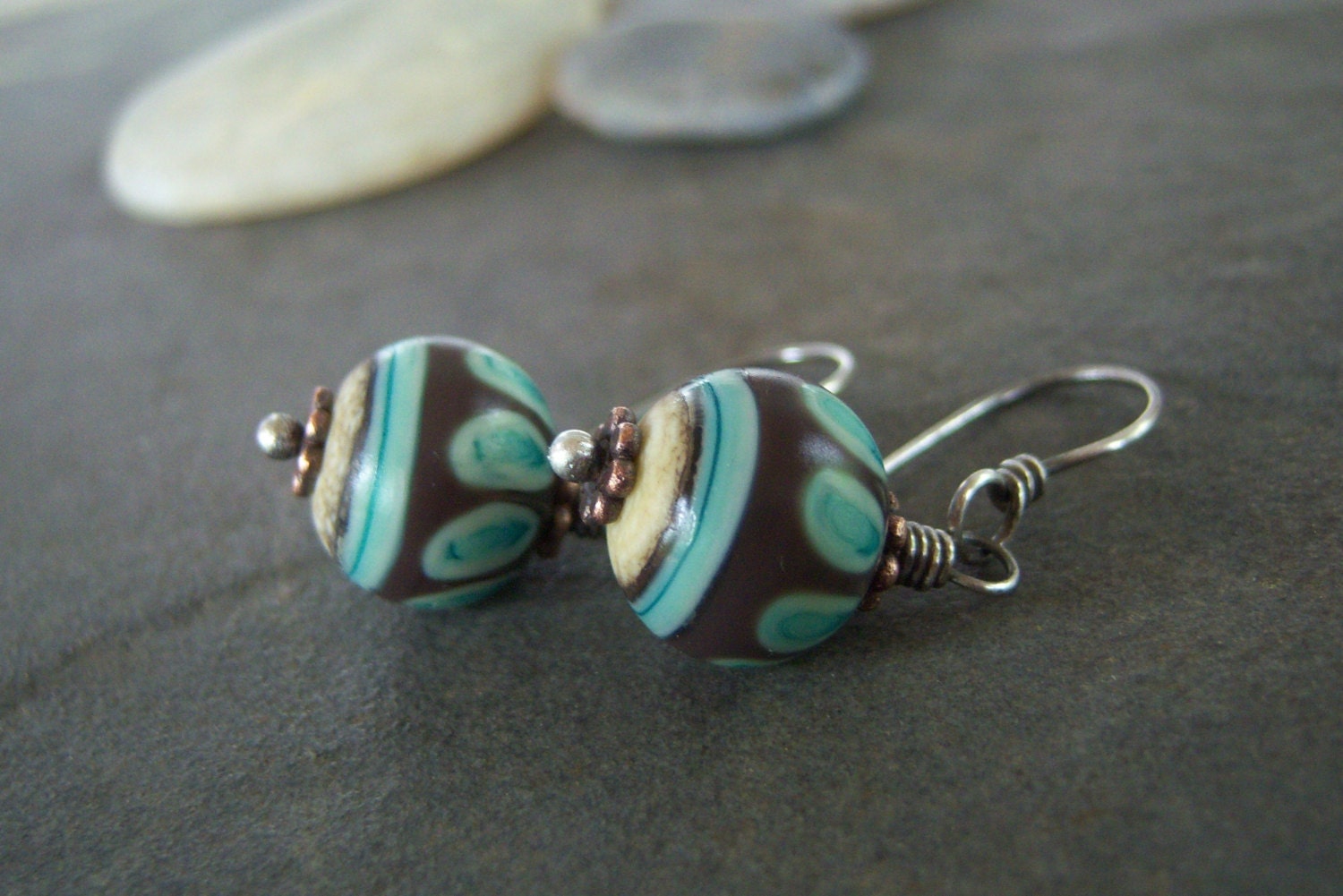 Sale-Dangle Lampwork Bead Earrings-Rustic Artisan Mixed Metal Handmade Earrings.