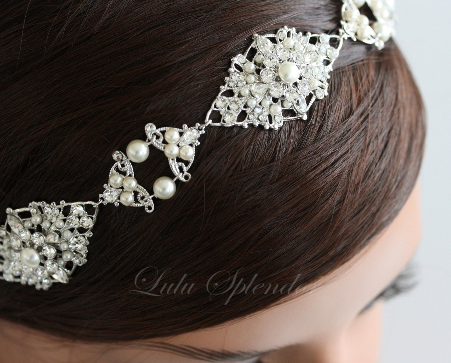 Bridal Headband Wedding hair Accessories Ribbon Headband Pearl and Rhinestone Vintage Head Piece Hair Jewelry MARCELLA DIVINE