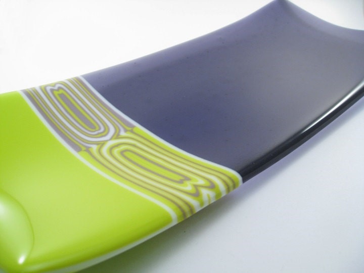 Fused Glass Rectangle Pattern Bar Plate Tray Purple Green