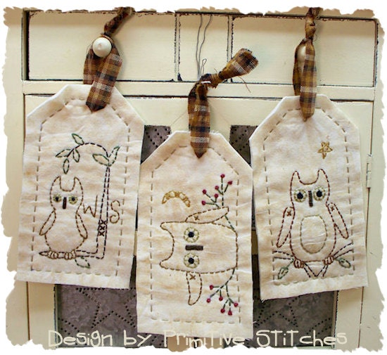 Prim Owl Tag Collection-Primitive Stitchery-E-PATTERN by Primitive Stitches-Instant Download