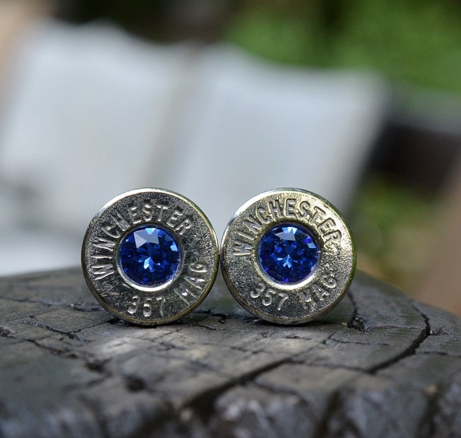 Bullet Earrings stud or post, nickel silver Winchester .357 magnum with Swarovski crystals