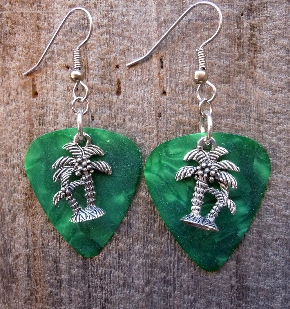 Green Guitar Pick and Palm Tree Charm Earrings