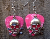 Pink Guitar Pick and Silver Skull and Crossbones Charm Earrings