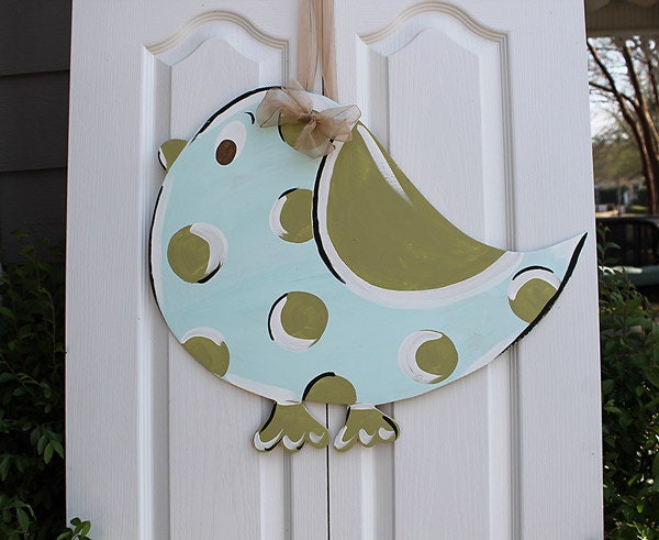 Turquoise Bird Wooden Door Hanger Art- Patriotic Peacock Original