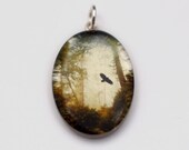 Crow Flying in the Rainforest in Sterling Silver and Resin Oval Pendant with Fine Art Image Transfer
