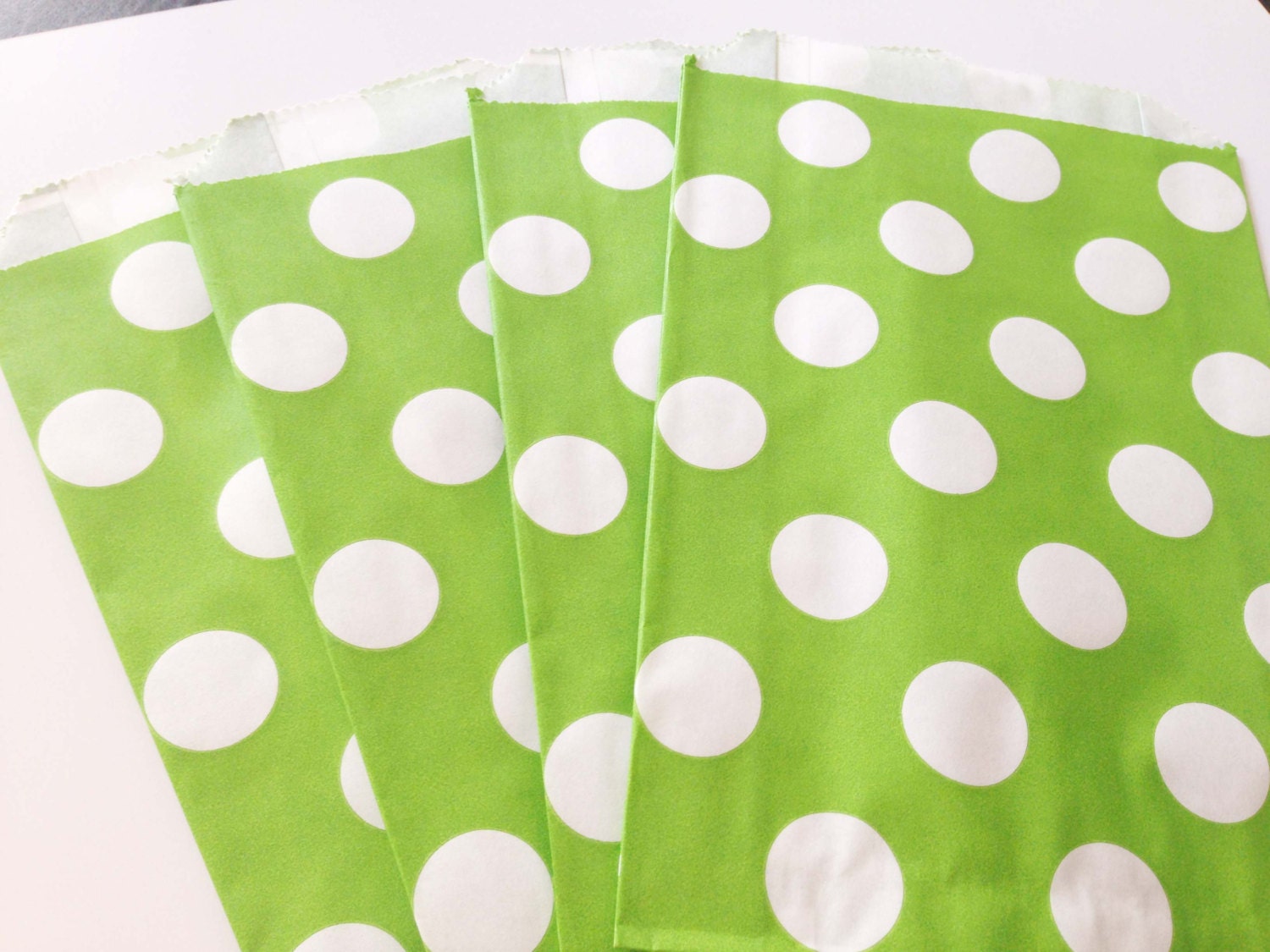 12 Green & White Polka Dot Spot Paper Favor Candy Bags - Parties, weddings