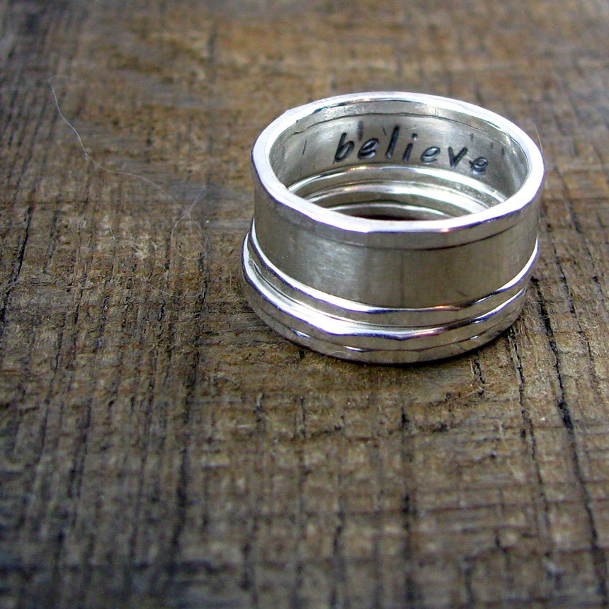Sterling Stacking Rings -  Set of 4 hammered and 1 wide with custom stamped word
