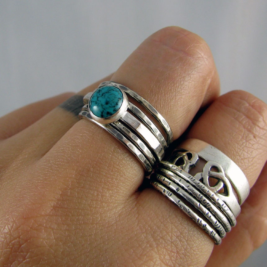 Sterling Stacking Rings - Set of 4 hammered and 1 wide hammered with round Turquoise