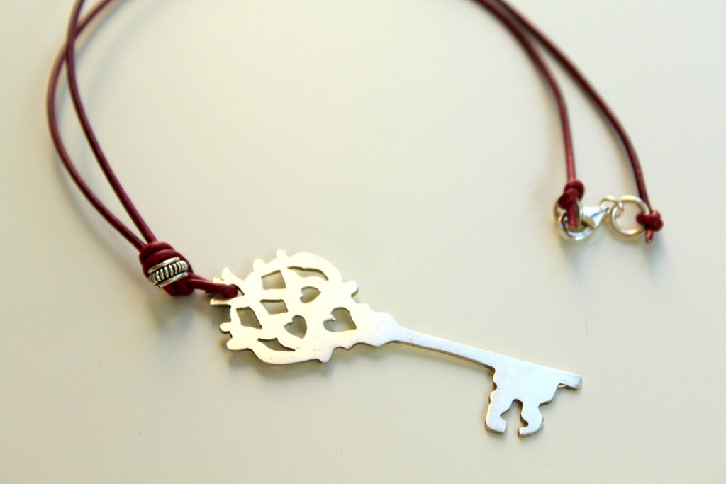 Victorian Style Heart Skeleton Key Sterling Silver Necklace and Red Leather Cord