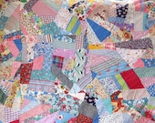 Vintage 1940's Full Size Feed Sack and Cotton Prints Crazy Quilt, Coverlet, All Hand Stitched, Super Clean